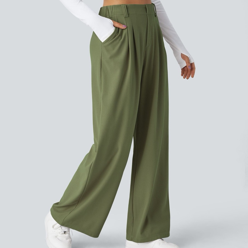 HALARA Flex Waffle Knit Loden Green Wide Leg Pants Women’s M NWT